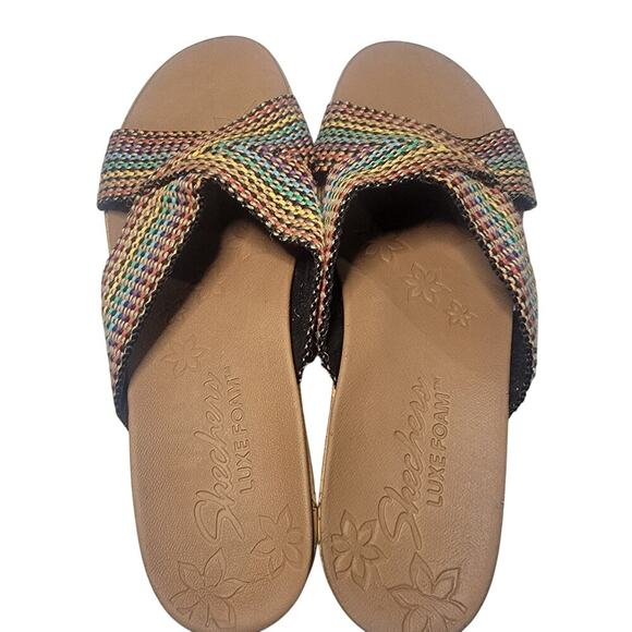 Skechers Beverlee Rainbow Pride Sandals Womens 10 Canvas Cork Wedge Comfort Open - Picture 3 of 10